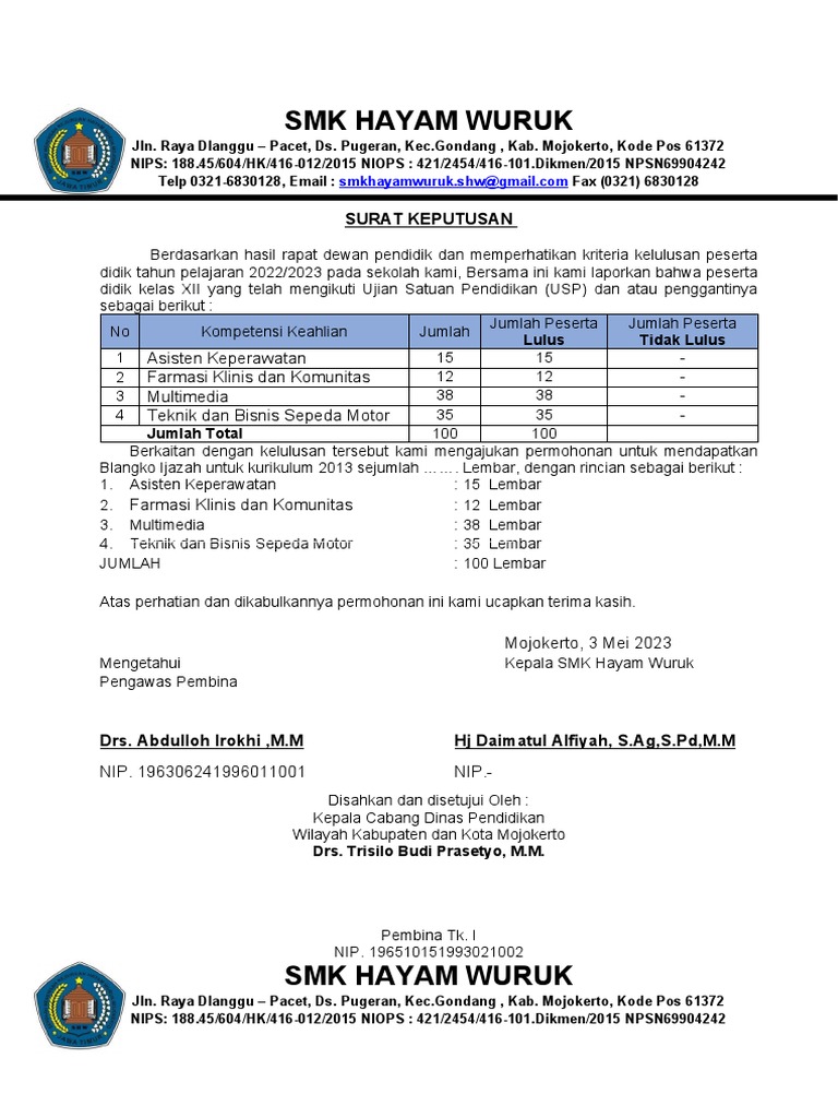 SMK Hayam Wuruk Permohonan Blanko Ijazah Tapel 2022-2023 Jenjang SMK | PDF
