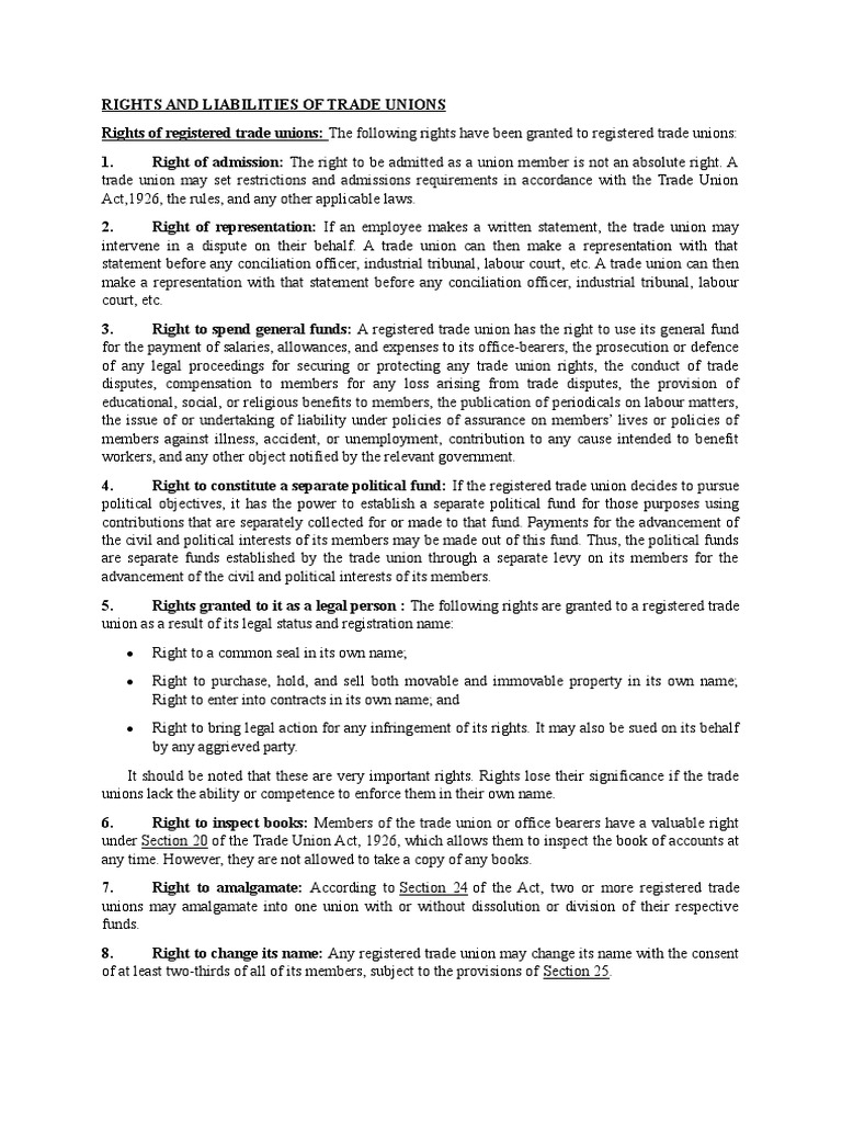 Rights and Liabilities of Trade Unions | PDF | Trade Union | Legal ...