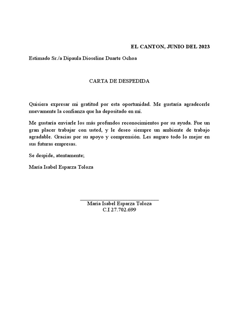 Carta De Despedida Ejemplos Y Formatos Word Pdf