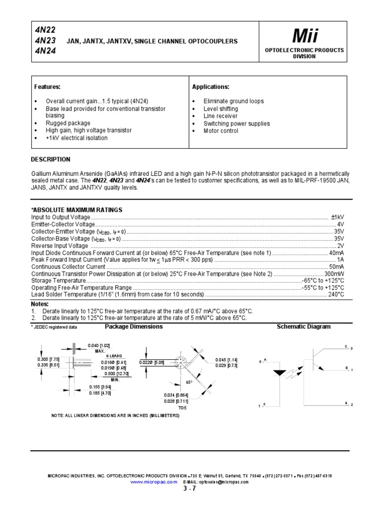 Jan, Jantx, Jantxv, Single Channel Optocouplers PDF Transistor