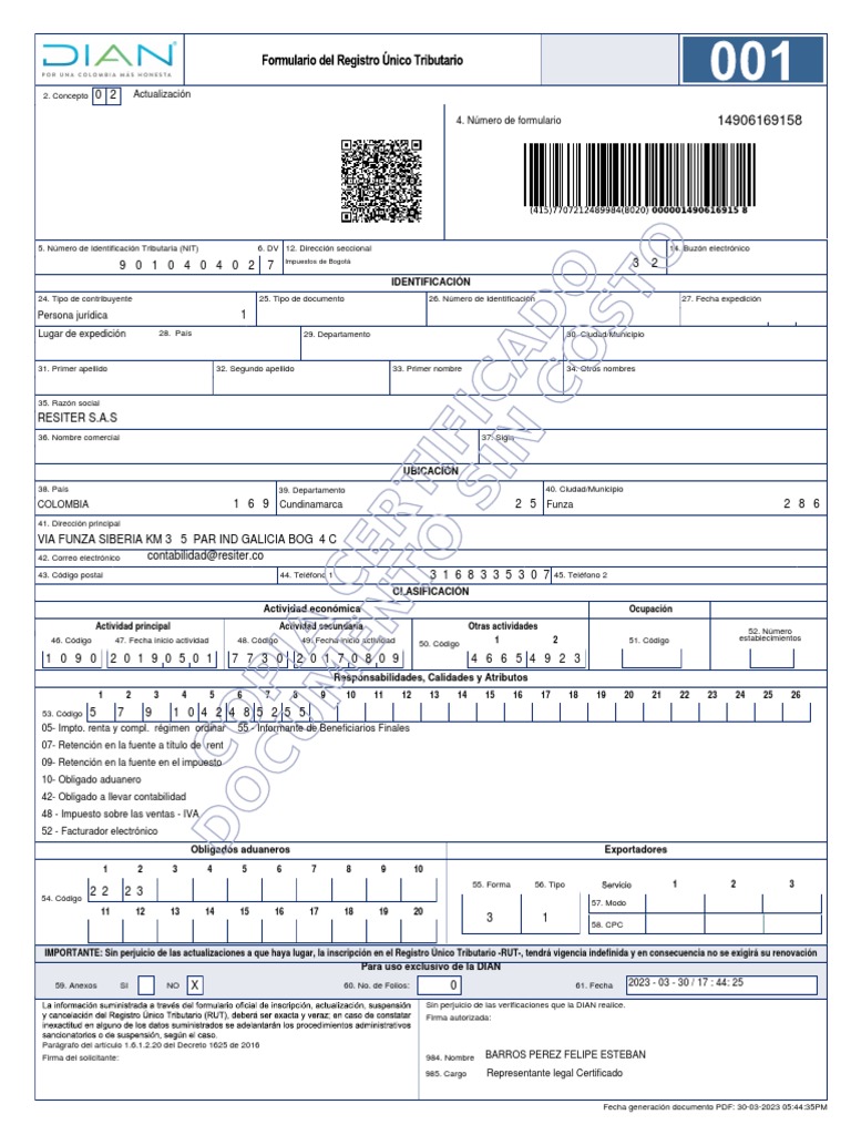 Registro RUT de Resiter S.A.S. | PDF | Economias | Justicia