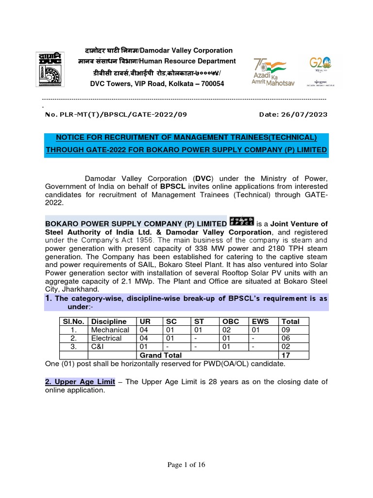 Notice For Recruitment of Manageme Trainees (Technical) Through Gate