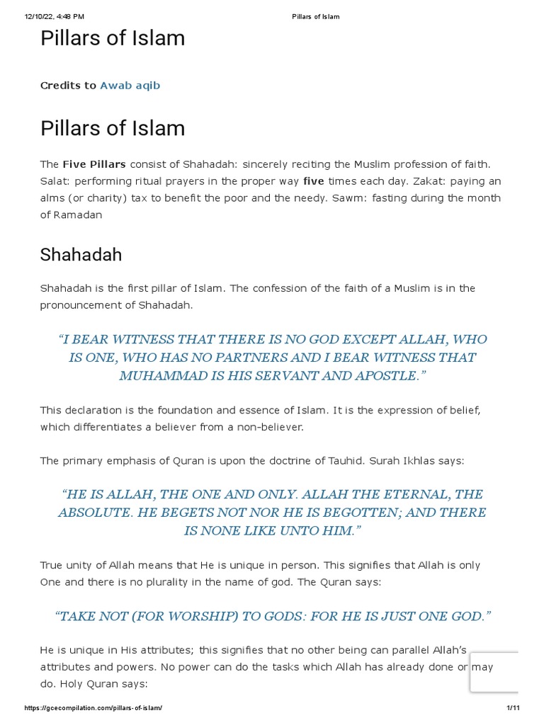 Pillars of Islam Notes PDF