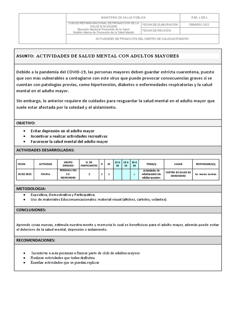 Actividades de Salud Mental Con Adultos Mayores 15-02-2022 | PDF ...