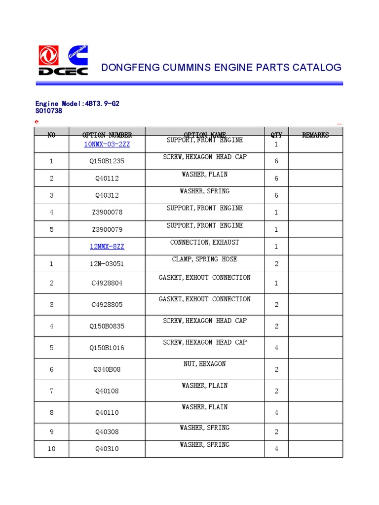 Cummins 4BT3.9-G2 Parts Catalog | PDF | Piston | Pipe (Fluid Conveyance)