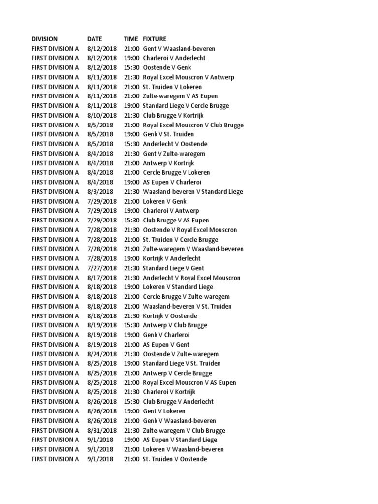 Belgian Football Fixtures 2018 19 by Dedicated Excel | PDF