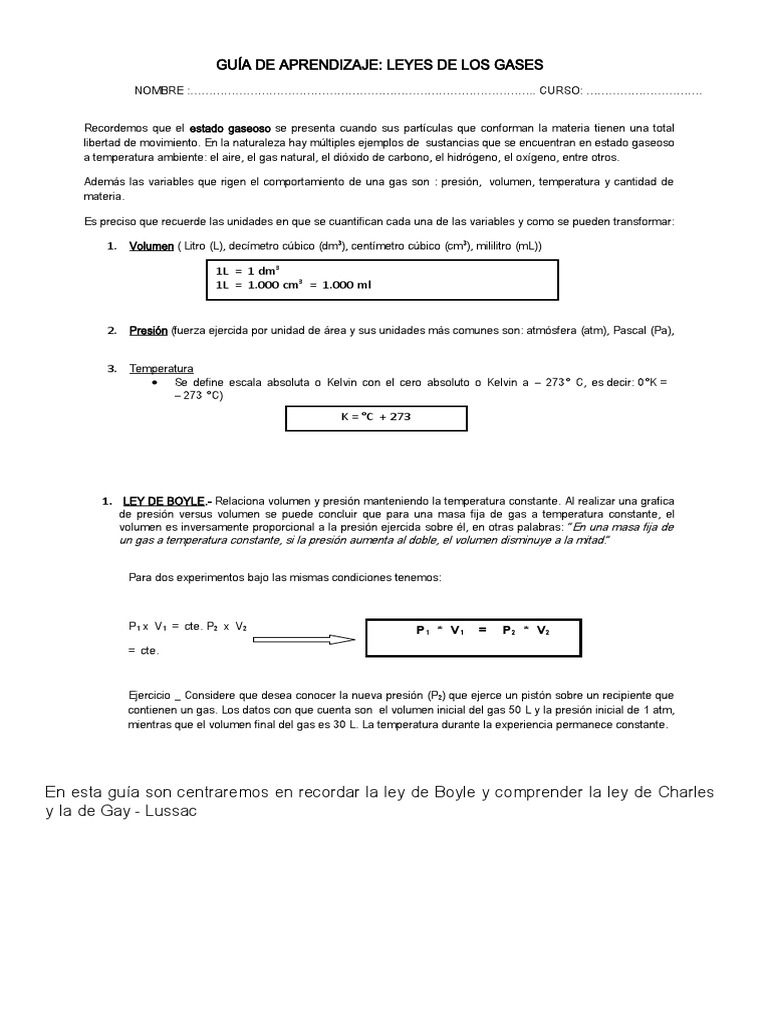 Hojas De Trabajo Sobre La Ley De Los Gases Ley De Los Gases | PDF