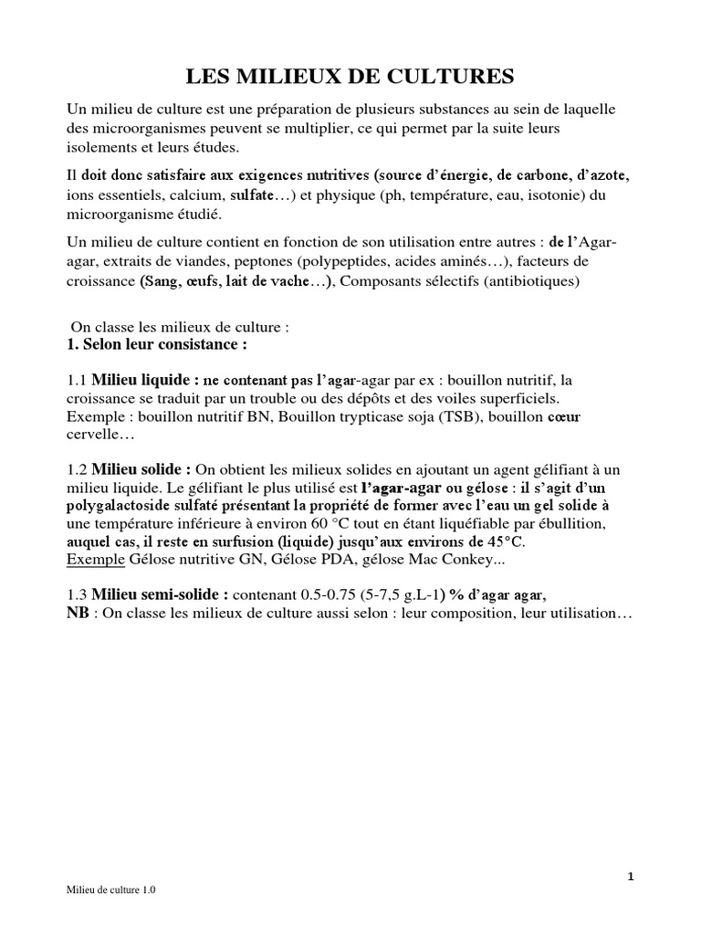 Types et prparation des milieux de culture | PDF