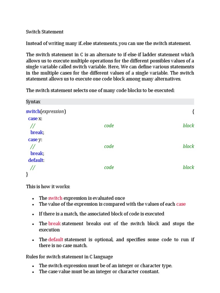 Switch Statement in C | Download Free PDF | Computer Science | Software ...