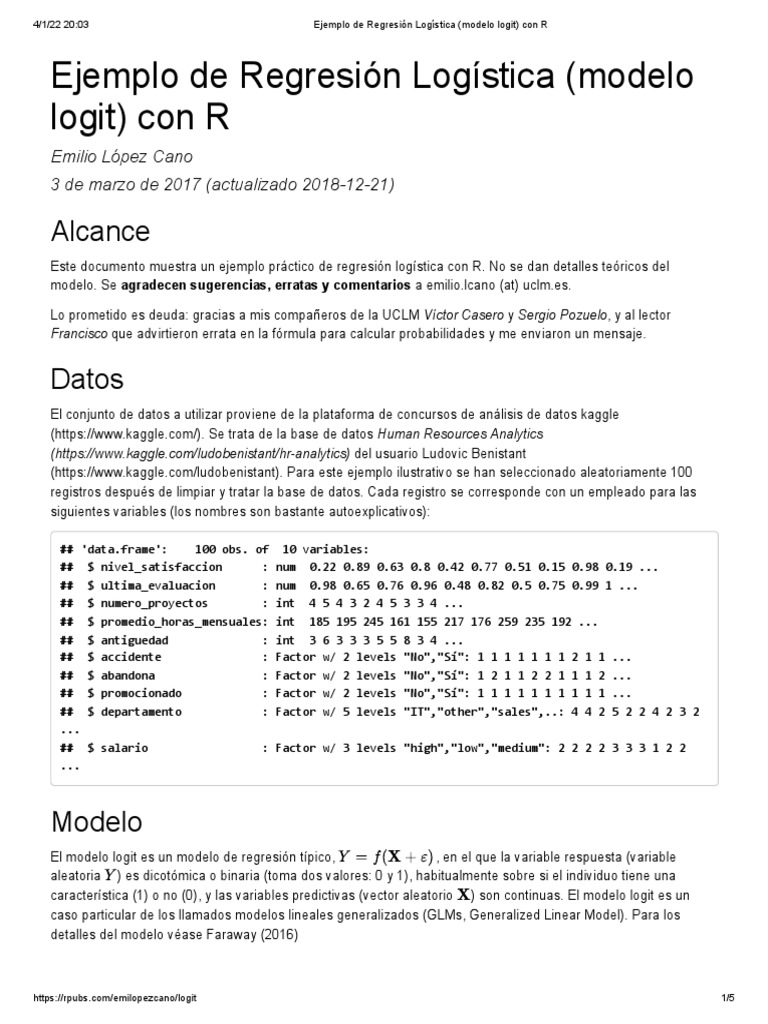 RPubs - Ejemplo de Regresión Logistica (Modelo Logit) Con R | PDF ...