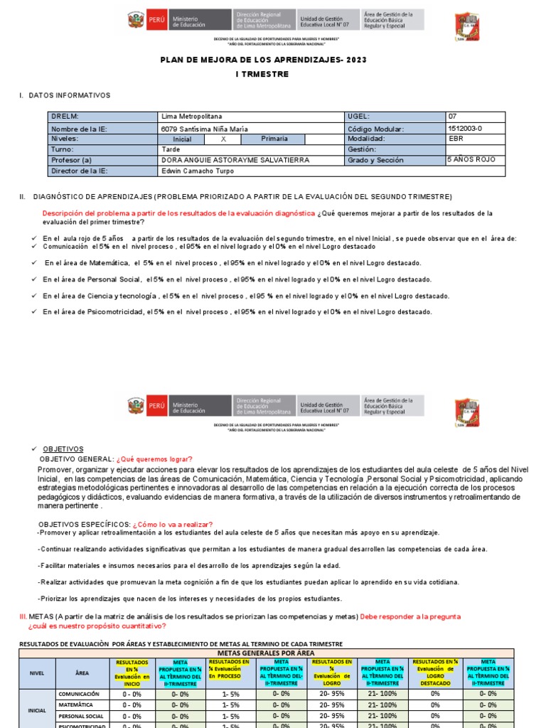 Plan de Mejora de Aprendizajes Inicial 2023 | PDF | Evaluación | Cognición