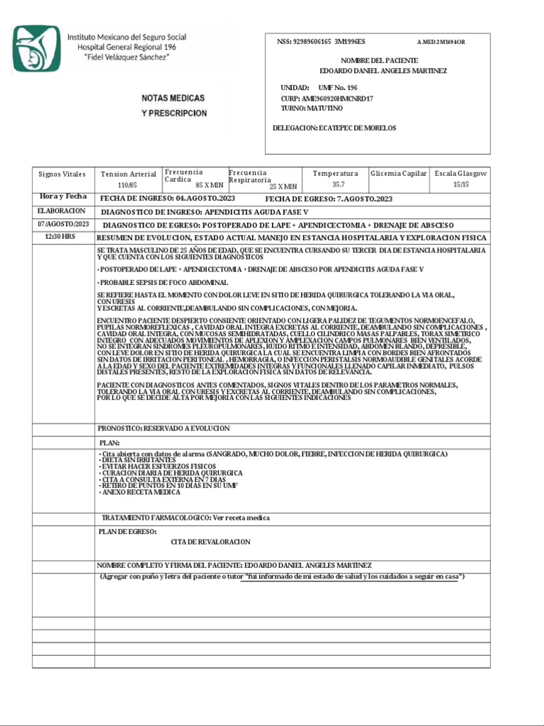 Nota Médica de Egreso IMSS | PDF | Enfermedades y trastornos humanos ...