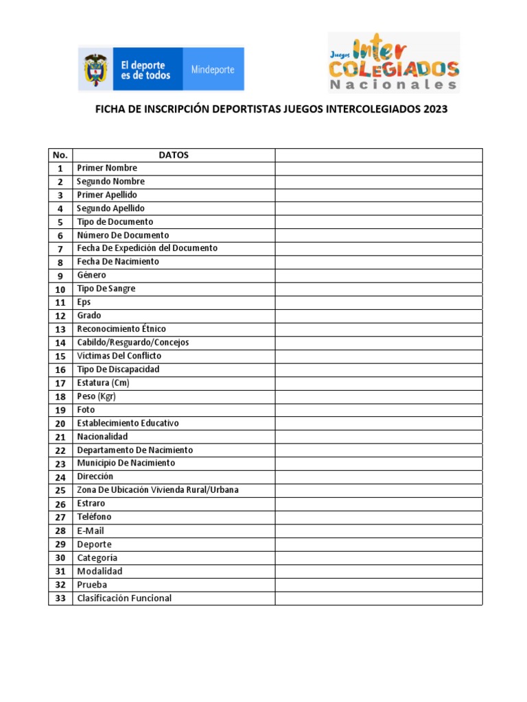 Ficha de Inscripción Deportistas Juegos Intercolegiados 2023 PDF