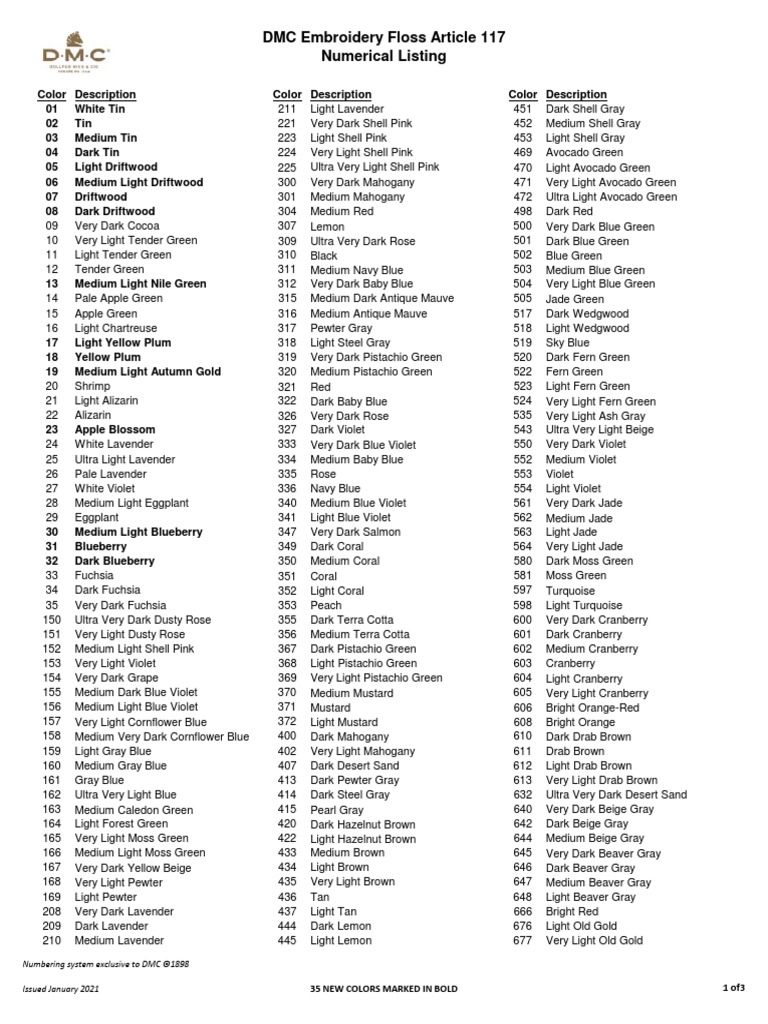 DMC Embroidery Floss Numerical List 2021 PDF Green Vision