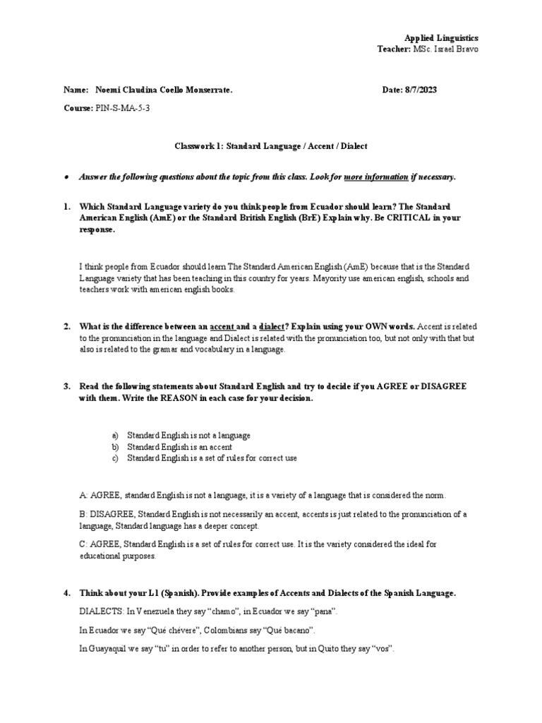 Classwork 1 Standard Language Accent Dialect | PDF | English Language ...