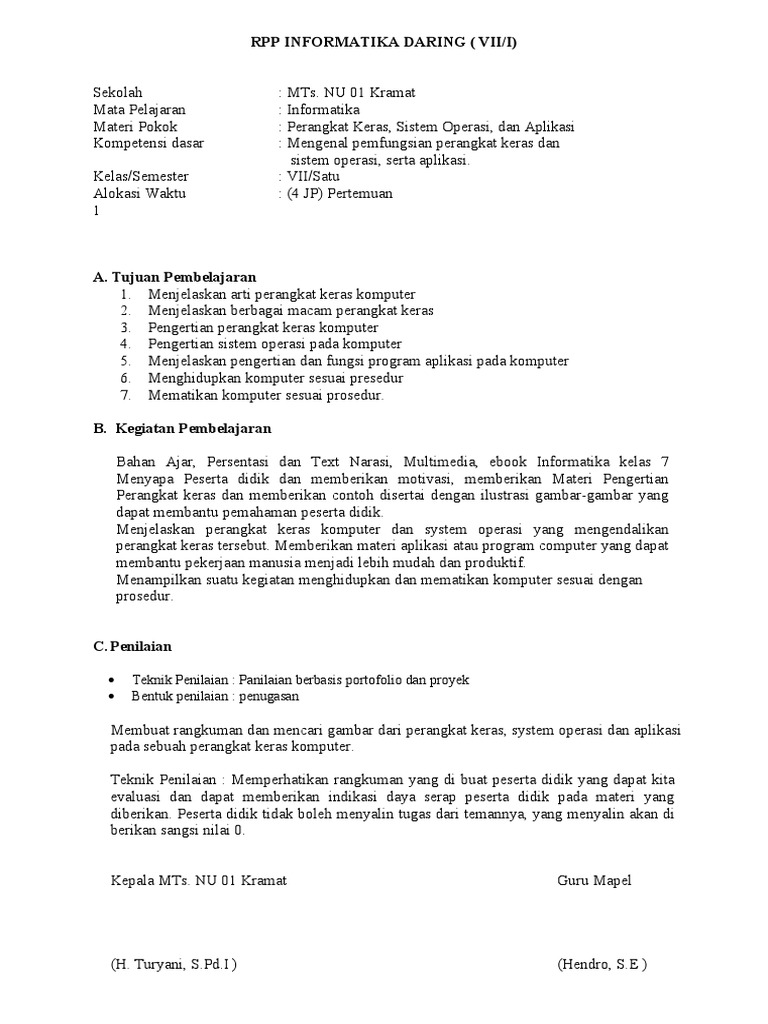 RPP Informatika Kelas 7 Semester 1 | PDF