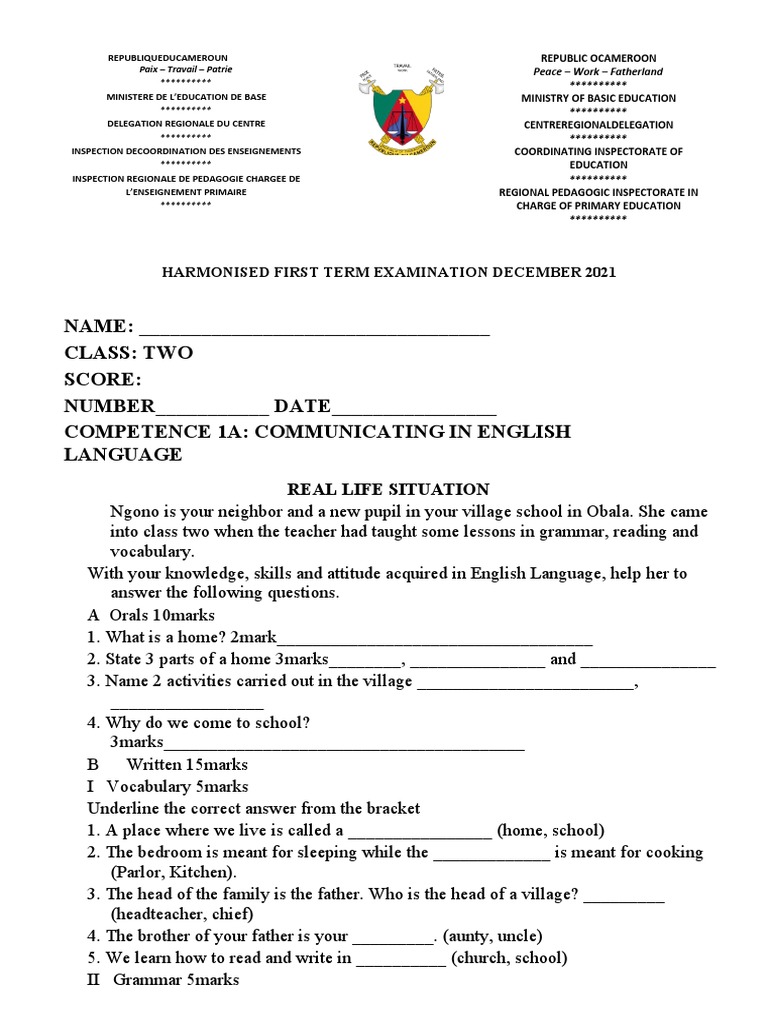 Class two harmonised first term examination for pdf telephone
