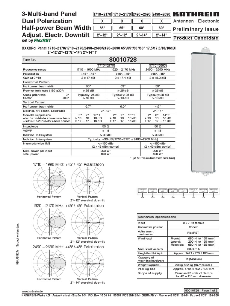 Kathrein Antenna 80010728 Data Sheet 18 02 2023 PDF Antenna (Radio