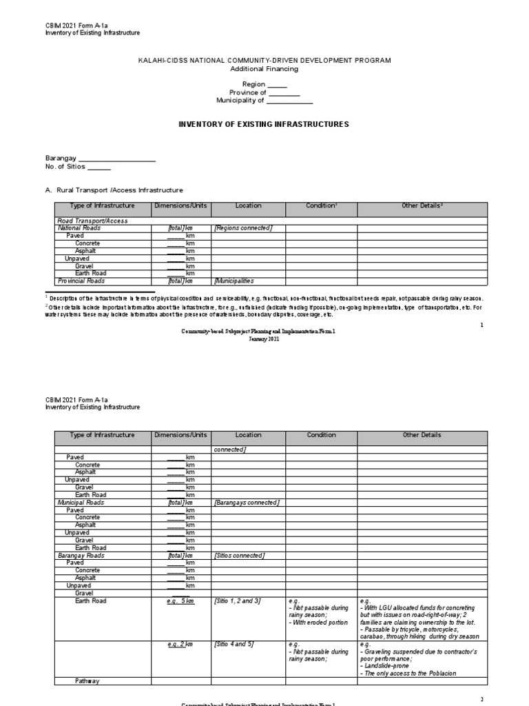 CBIM 2021 Form A-1a - Inventory of Existing Infrastructures | PDF ...