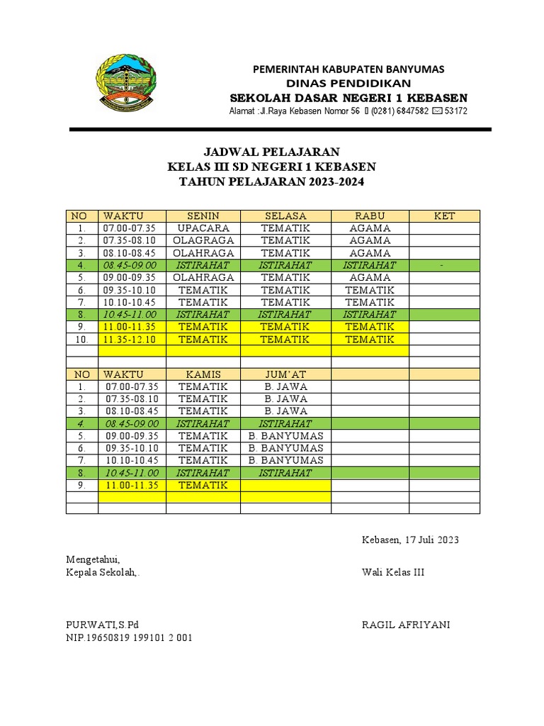Jadwal Pelajaran Kelas 2 Tahun 2022-2023 | PDF