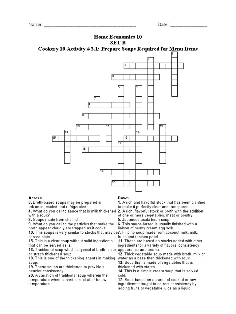 Set B Crosswords PDF Soup Foods