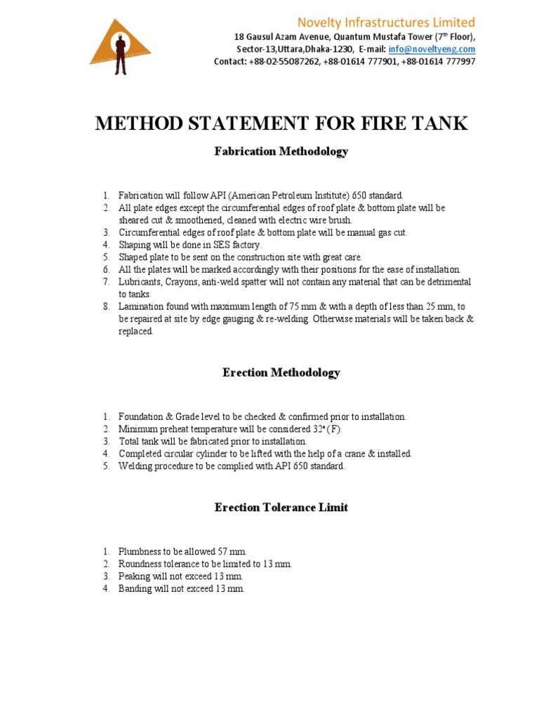 Fire Tank Installation Method Statement | PDF | Mechanical Engineering ...