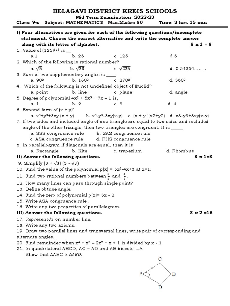 9th Grade Math Exam Paper | PDF