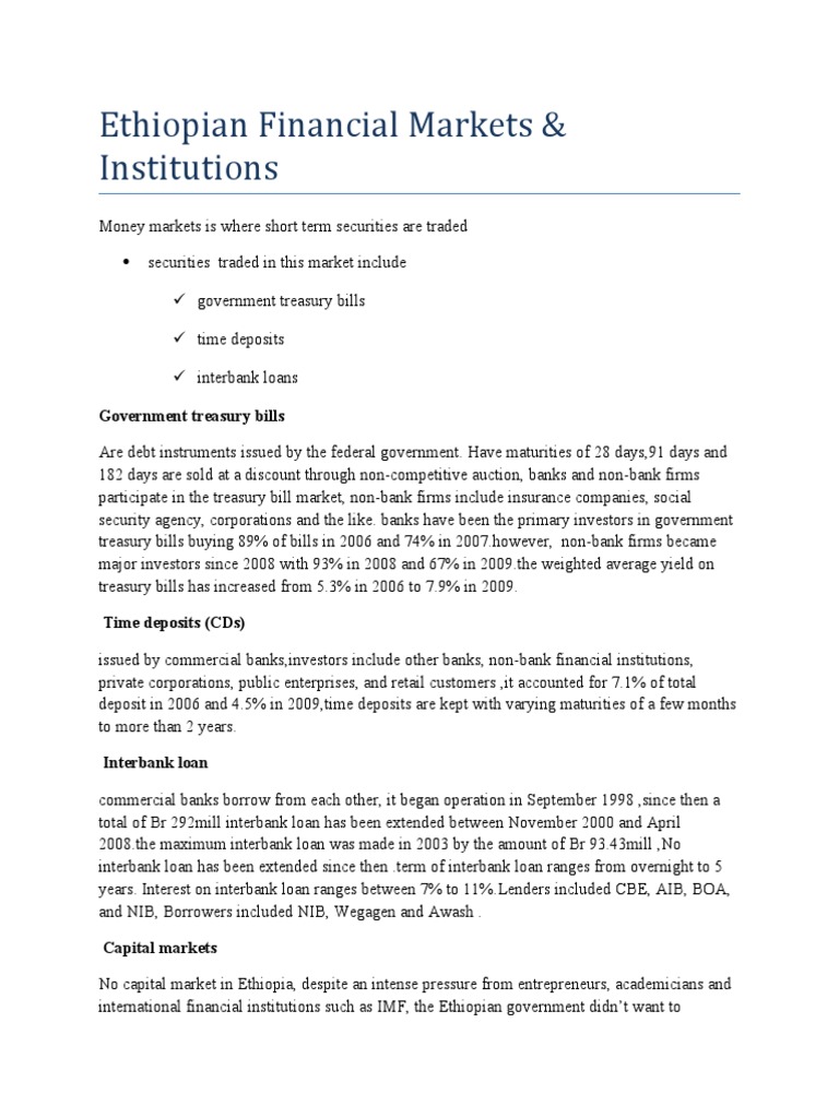 Ethiopian Financial Markets Overview | PDF | Interbank Lending Market ...
