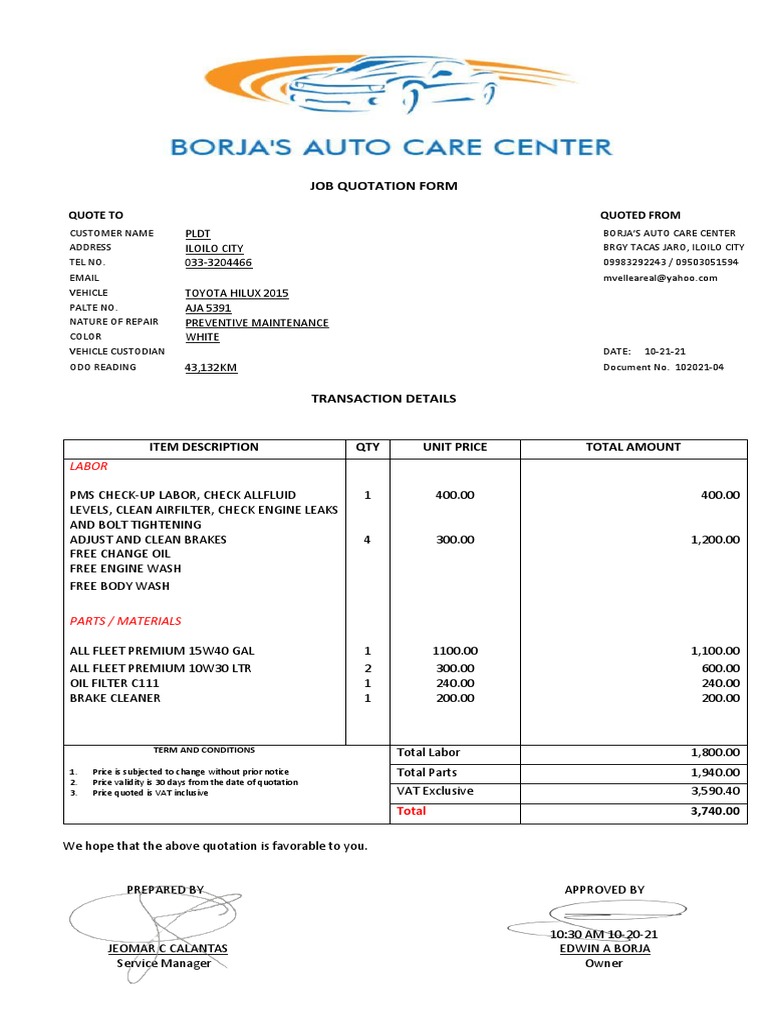 JOB ORDER QUOTATION (PLDT - HILUX 2015- )-converted | PDF | Wheeled ...