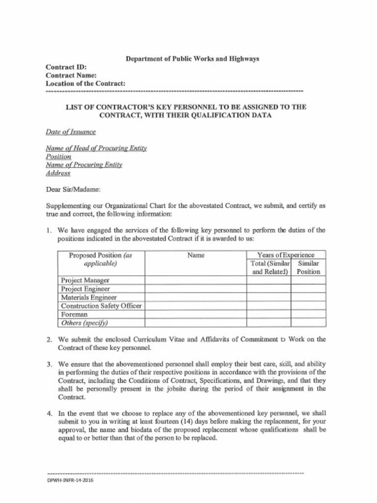 Dpwh infr 14 list of contractor s key personnel pdf