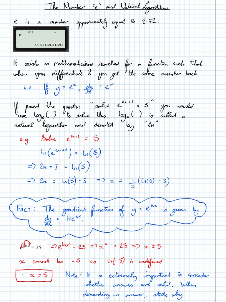 E and Natural Logarithms Lesson Notes PDF