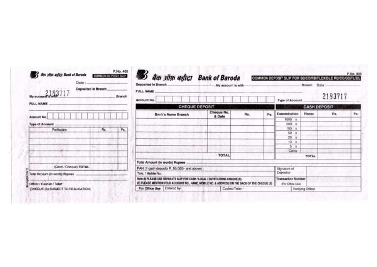 Bank of Baroda Cash Deposit Slip | PDF