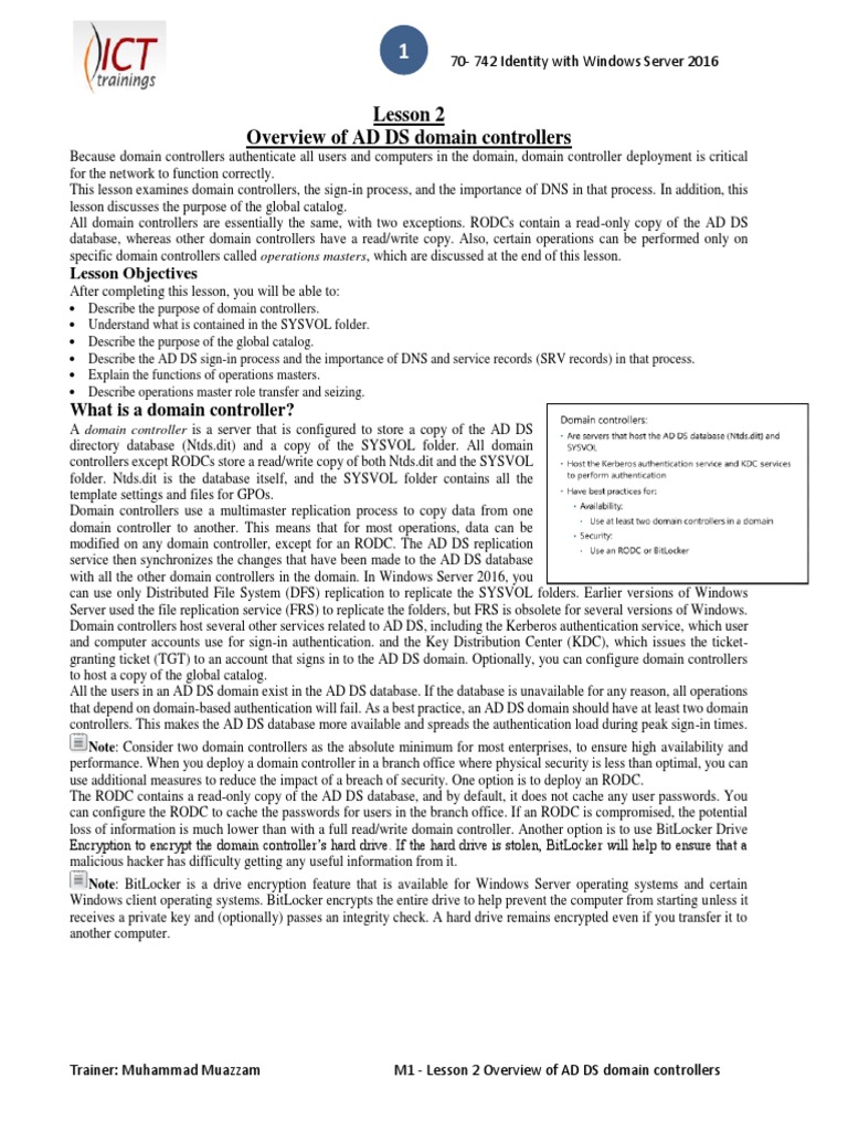 M1 - Lesson 2 Overview of AD DS domain controllers | PDF | Active ...