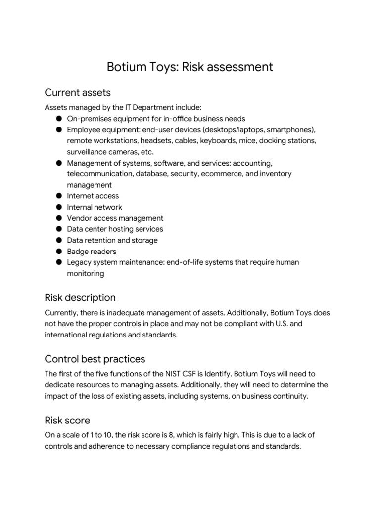 Botium Toys Risk Assessment PDF