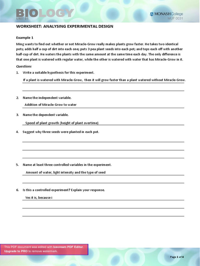 Experimental Design Worksheet Guide | PDF | Experiment | Hydrogen Peroxide