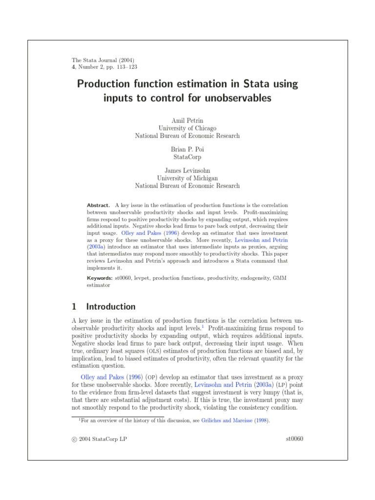 Petrin et al 2004 production function estimation in stata using inputs