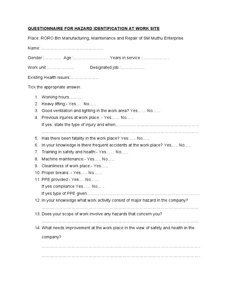 Questionnaire For Hazard Identification at Work Site PDF