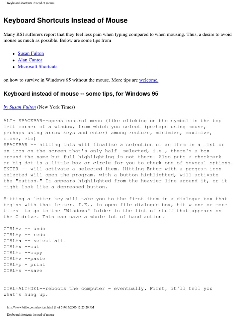 Keyboard Shortcuts for Mouse-Free Use | PDF