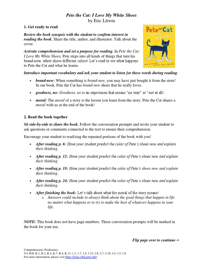 Pete The Cat I Love My White Shoes PDF Reading Comprehension