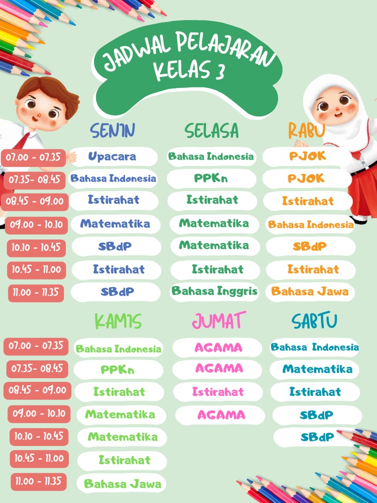 Jadwal Pelajaran Kelas 3 TP 2023-2024-1 | PDF