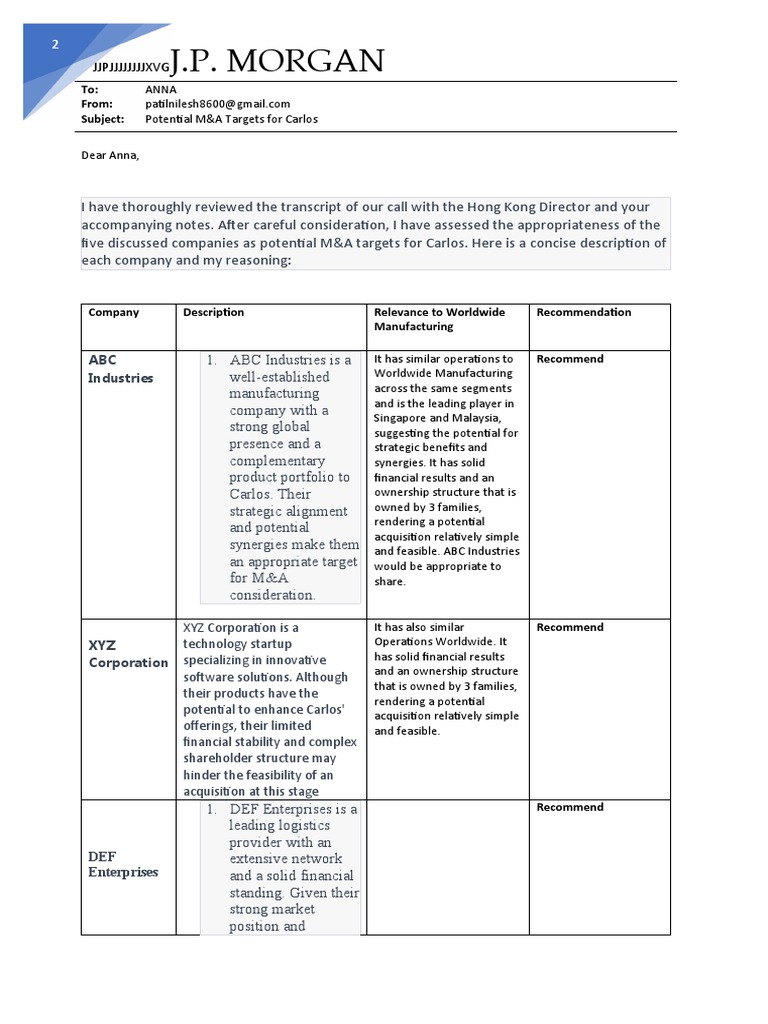 Jp Morgan Task 1 Pdf Mergers And Acquisitions Economies
