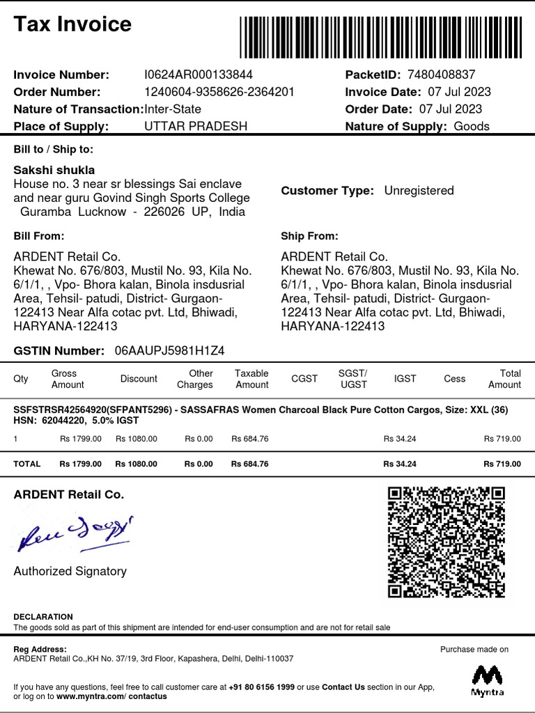 Bill To / Ship To Qty Gross Amount Discount Other Charges Taxable Amount CGST SGST/ Ugst Igst