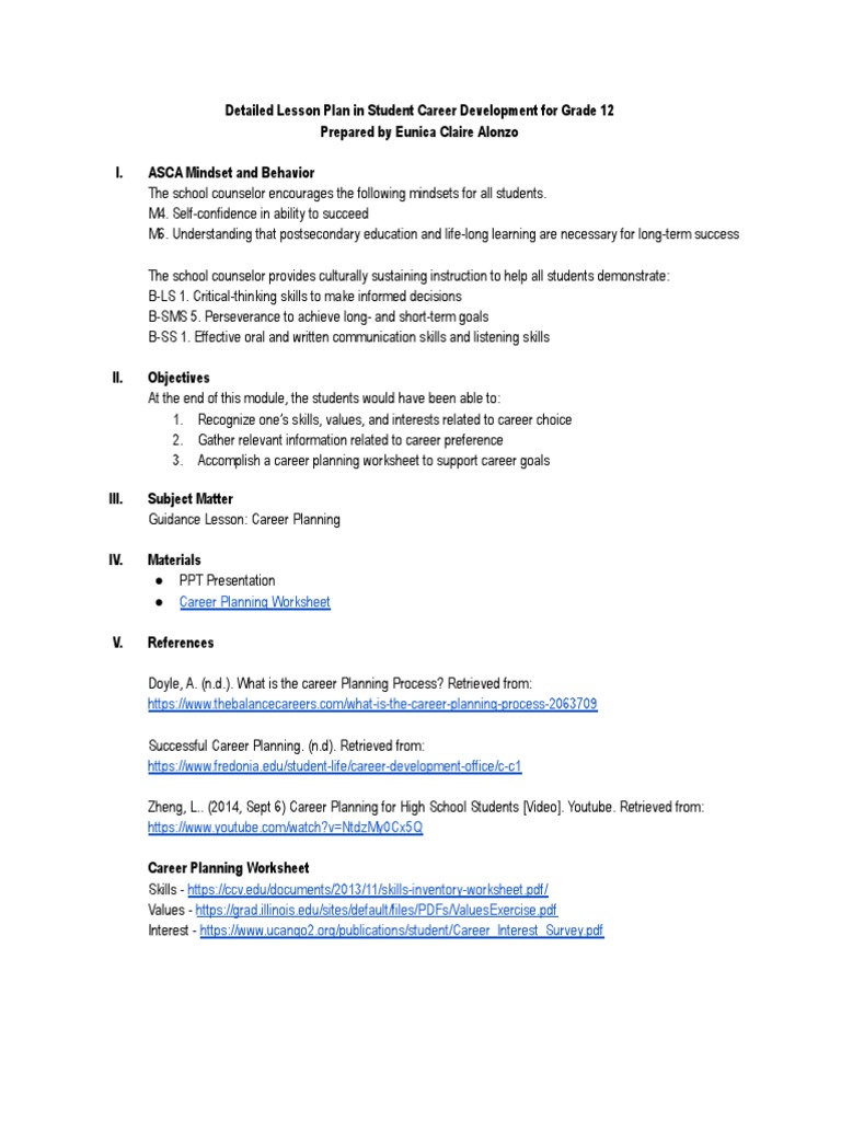 Grade 12 Career Development Lesson Plan | PDF | Creativity | Information