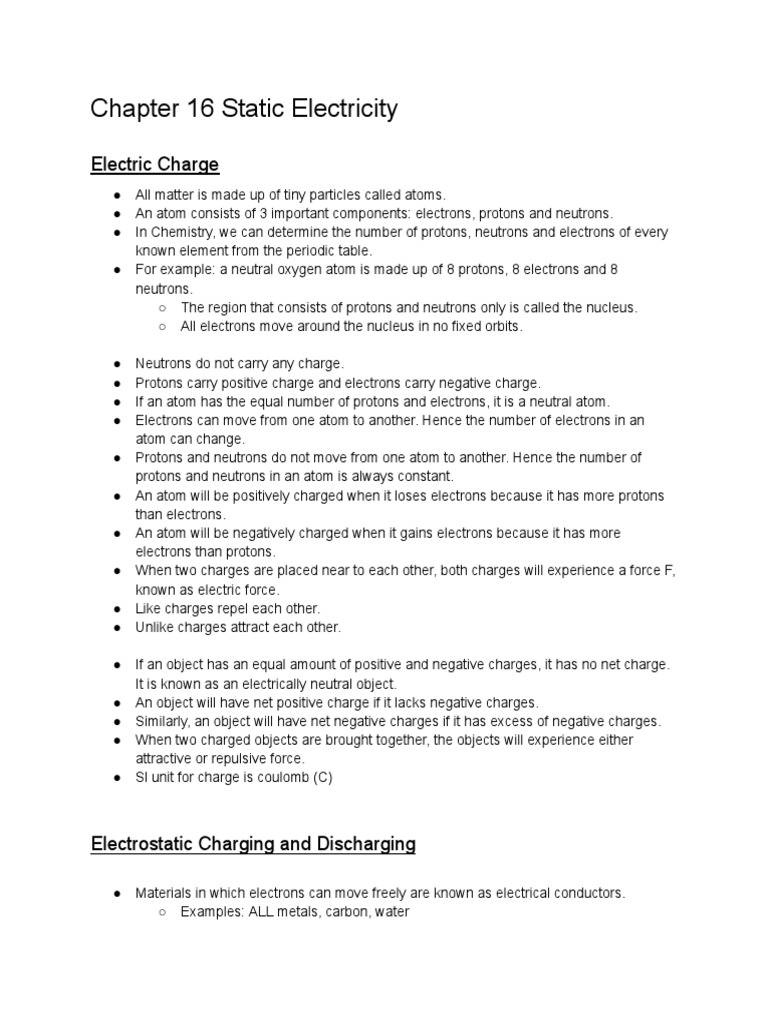 Chapter 16 Static Electricity PDF Electric Charge Atoms