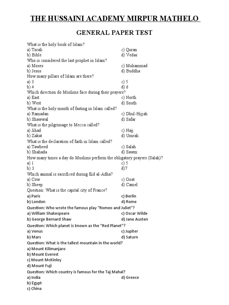General Knowledge Test For Pakistan Pdf
