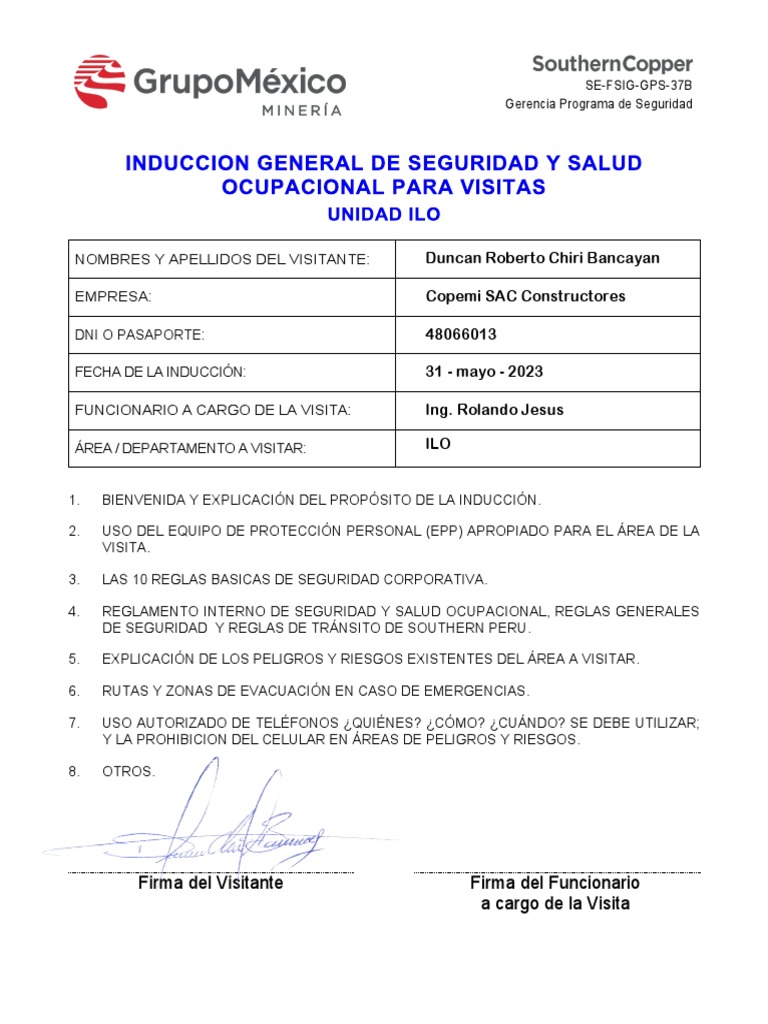 Formato Inducción General SSO para VISITAS DUNCAN R CHIRI BANCAYAN | PDF