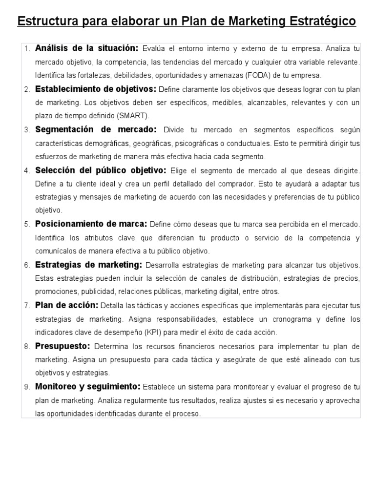 Estructura para un Plan de Marketing Estratégico | PDF | Marketing ...
