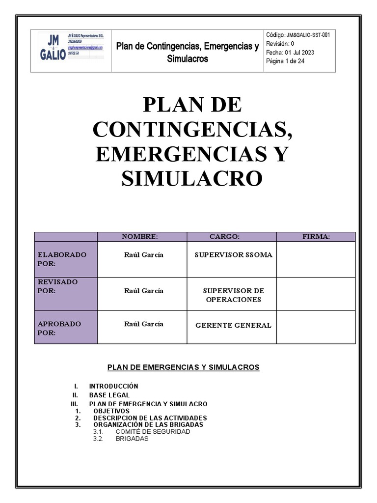 Plan de Contingencias, Emergencias y Simulacros | PDF | Primeros ...