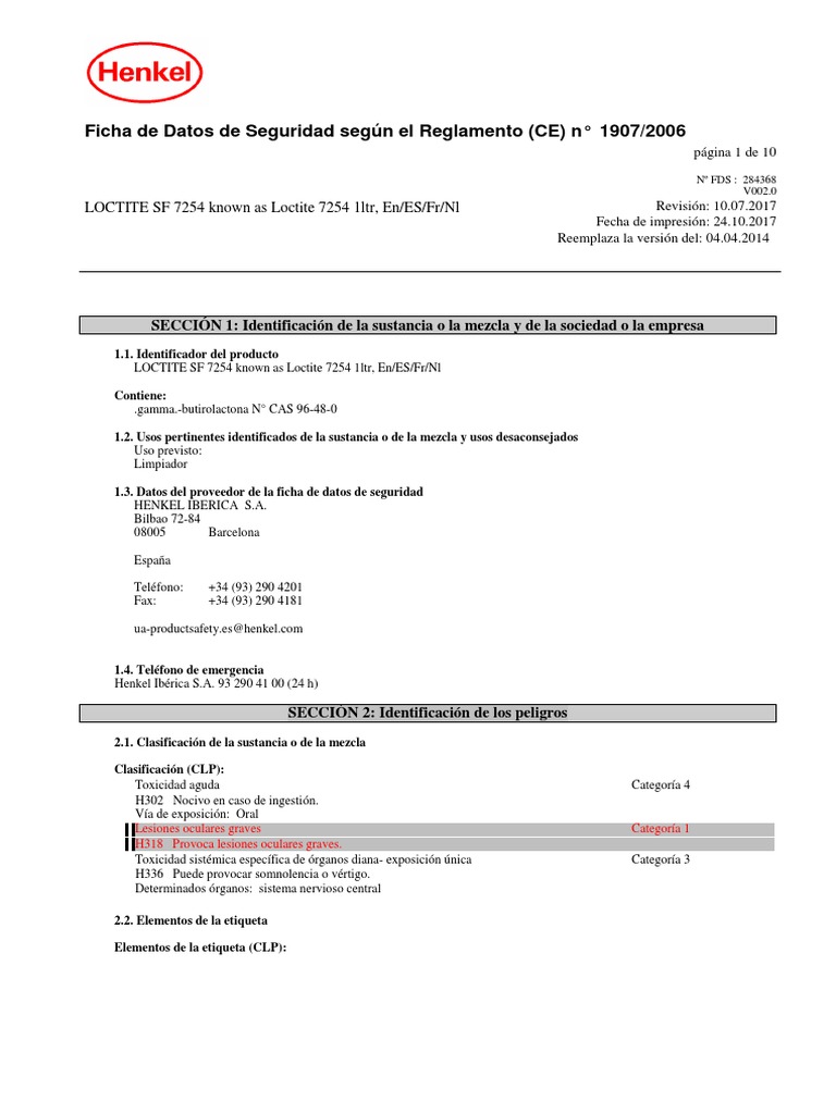 FichaSeguridadSdsLoctiteSf7254100717 PDF Agua Ciencias