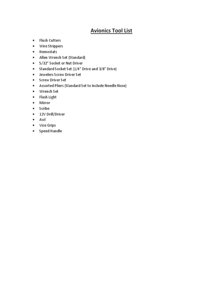 Avionics Technician Tool List PDF